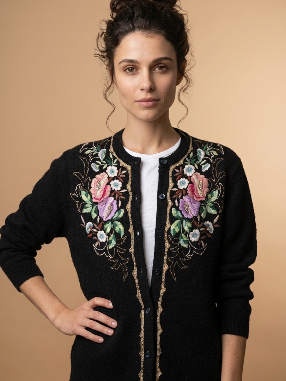 Vintage 50s Black Cashmere Cardigan with Pink & Purple Floral Embroidery (XS)
